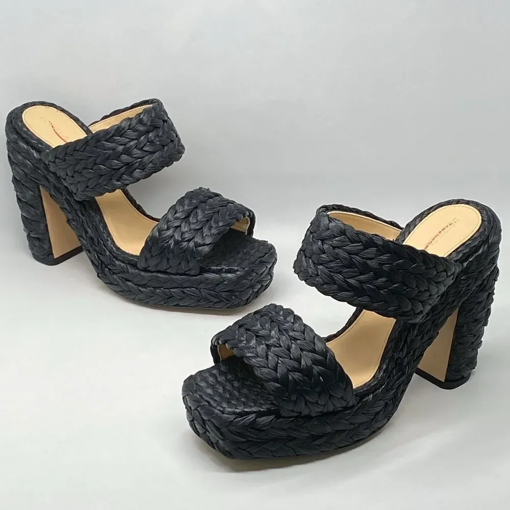 Bottega Veneta Trinity Weave Black Raffia Platform Sandals size 38